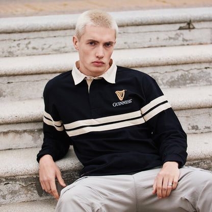 Guinness Harp Long Sleeve Rugby Shirt Cream and Black