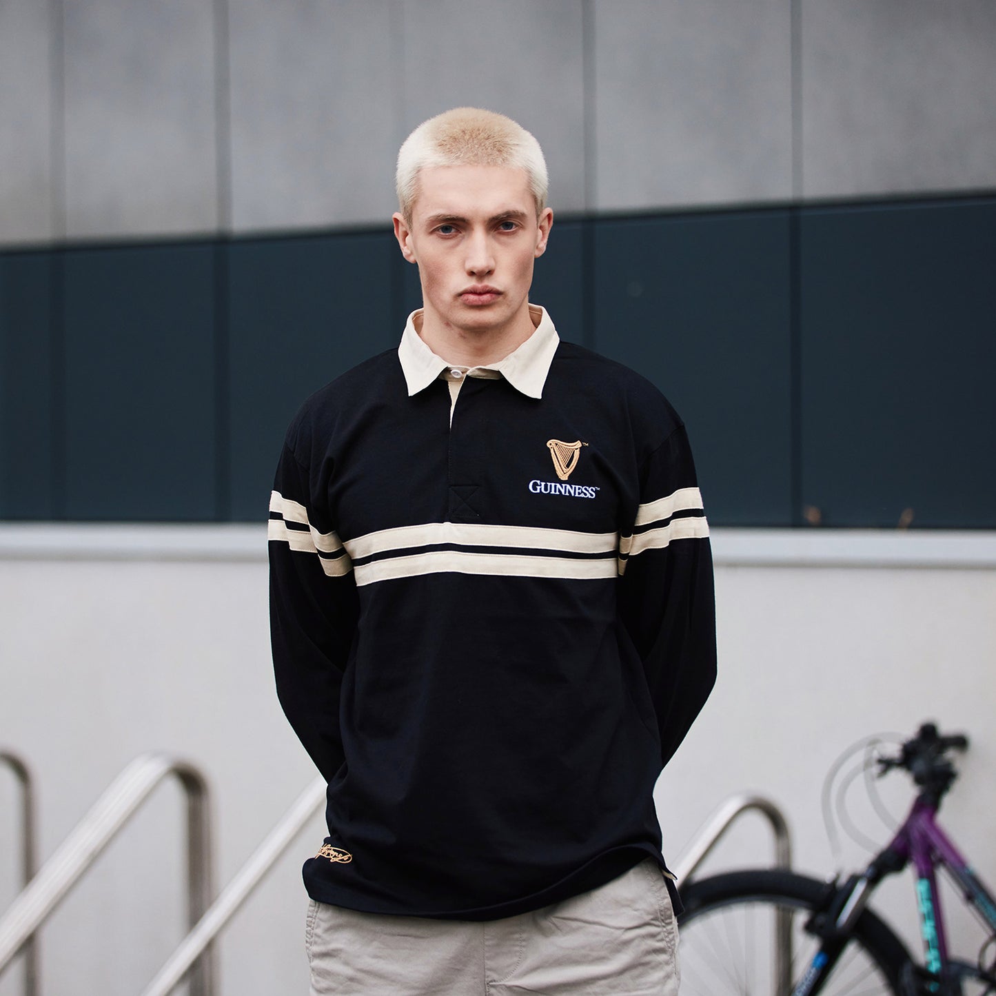 Guinness Harp Long Sleeve Rugby Shirt Cream and Black