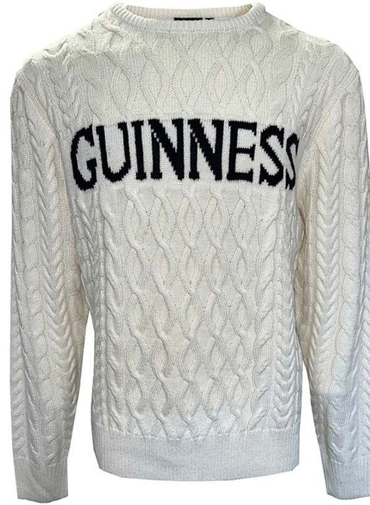 White cable knit sweater with black Guinness text across chest