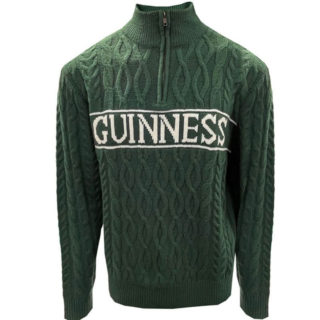 Guinness Aran Knit Style 1/4th Zip Jumper Green