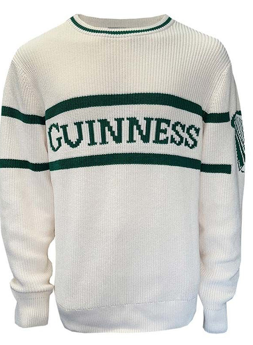 White knitted sweater with green stripes and Guinness text across chest