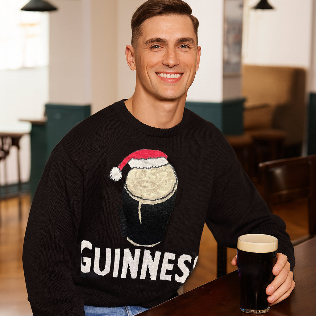 Guinness Smiley Pint with Santa Hat Christmas Sweater 