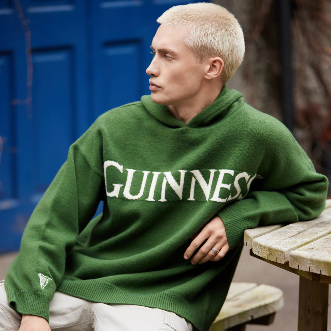 Guinness Sage Green and Cream Harp Sleeve Knit Hoodie 