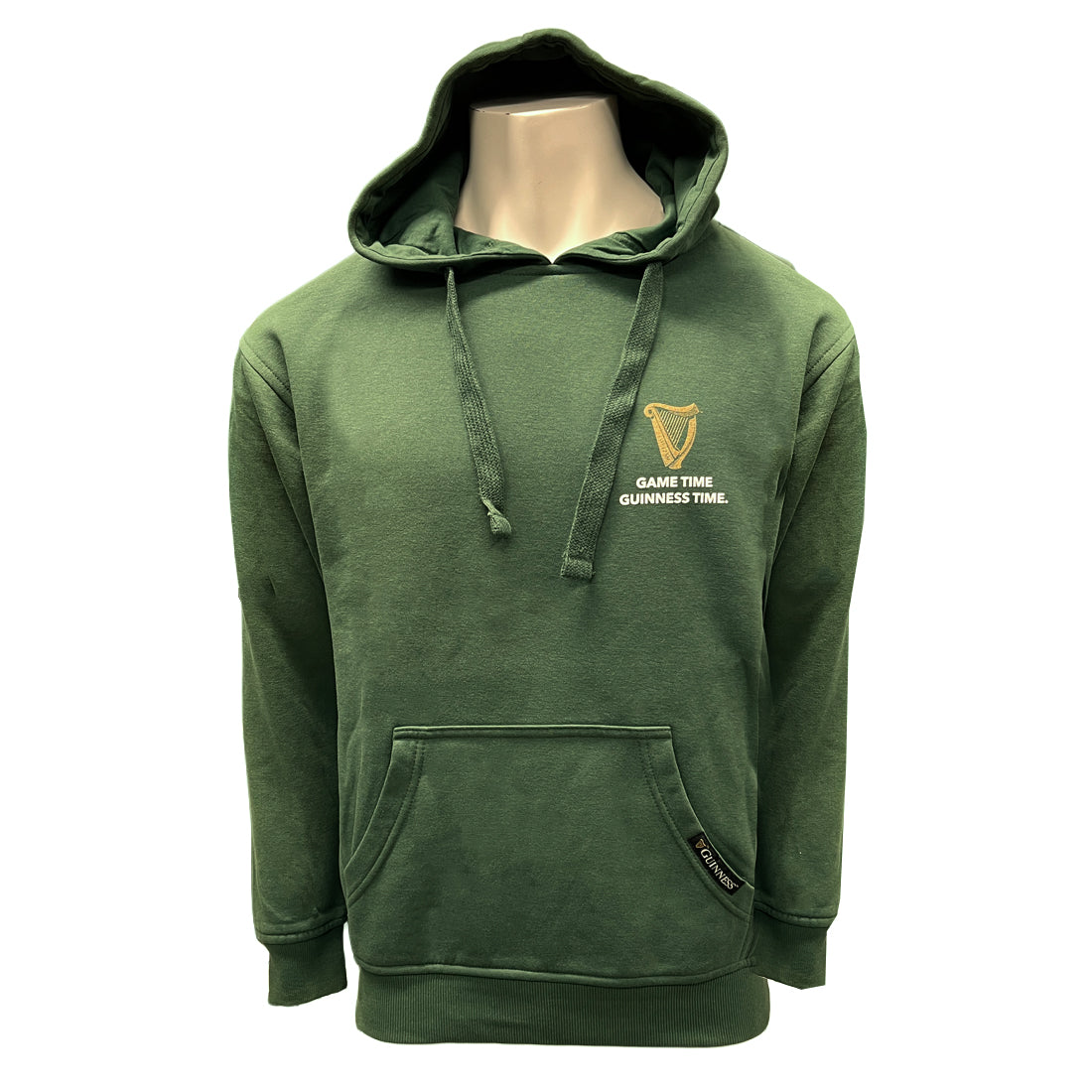 Front view of dark green Guinness Bottle Green Football Toucan Hoodie with chest logo