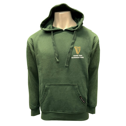 Front view of dark green Guinness Bottle Green Football Toucan Hoodie with chest logo