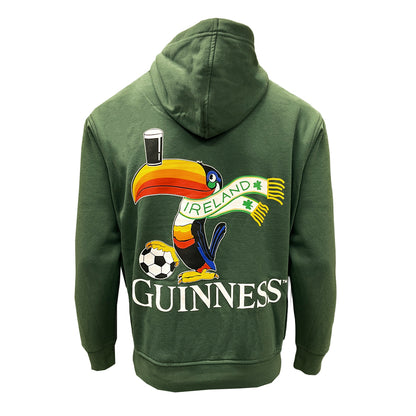 Back view of green Guinness Bottle Green Football Toucan Hoodie with large colorful toucan graphic and Guinness text