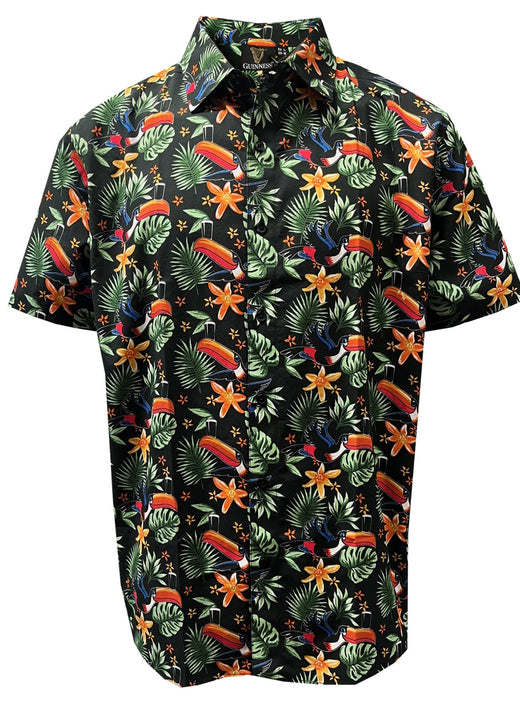 Short-sleeve black shirt with colorful tropical bird and flower pattern