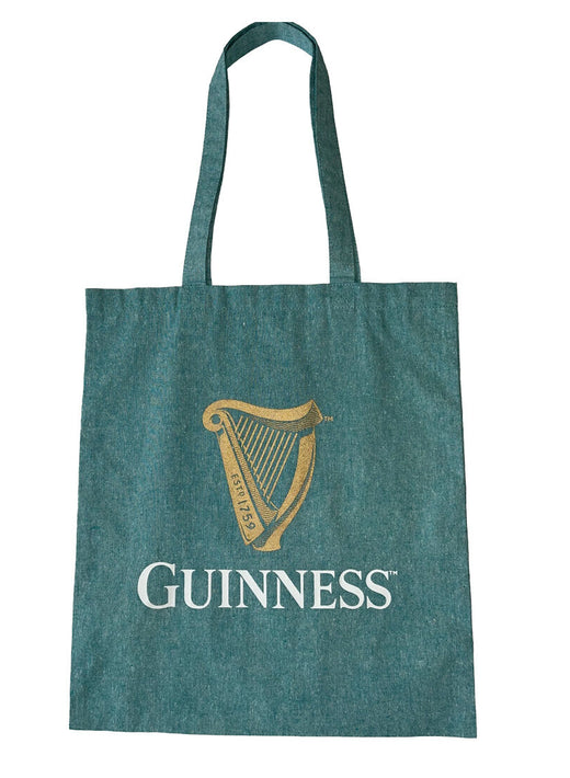 Green tote bag with golden harp and white Guinness text logo