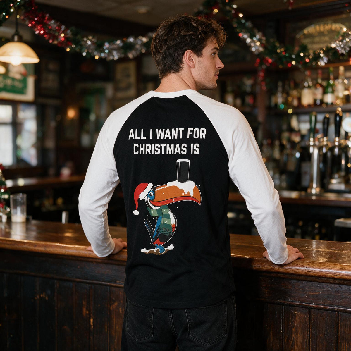 Men's Black Guinness Christmas Toucan Long Sleeve T-Shirt 