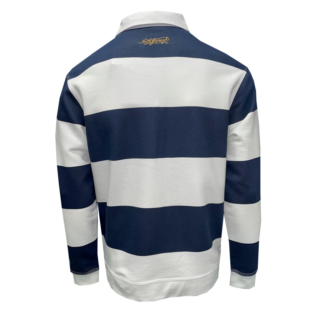 Back view of a navy and white striped Guinness rugby sweatshirt with a white collar