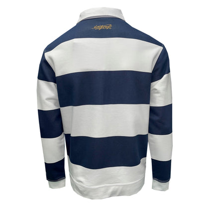 Back view of a navy and white striped Guinness rugby sweatshirt with a white collar