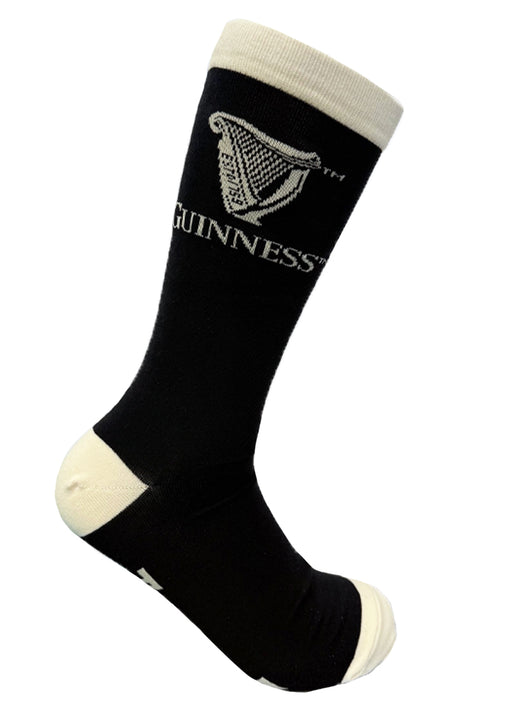 Black sock with white heel, toe, cuff, and Guinness harp logo