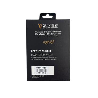 Guinness Official Merchandise black leather wallet with 6 card slots in portrait packaging