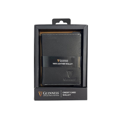 Guinness black leather wallet inside boxed packaging with 100 percent leather label