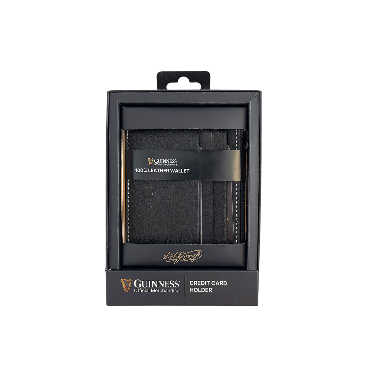 Guinness Credit Card Holder With Zip Pocket displayed in black packaging
