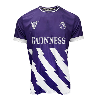 Purple Guinness Premier League football top with white sponsor logo and crest details