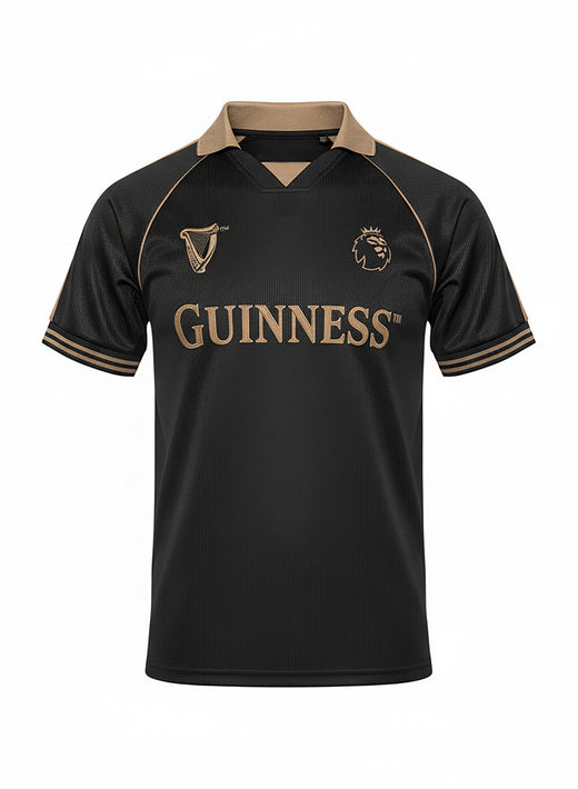 Guinness black and bronze Premier League football top with brown collar and gold crest on the chest