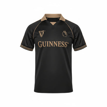 Guinness black and bronze Premier League football top with brown collar and gold crest on the chest