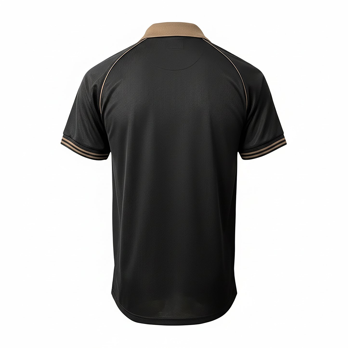 Back view of black Guinness football top with copper trim and tan collar
