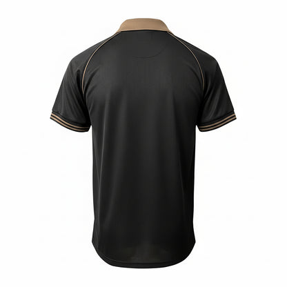 Back view of black Guinness football top with copper trim and tan collar