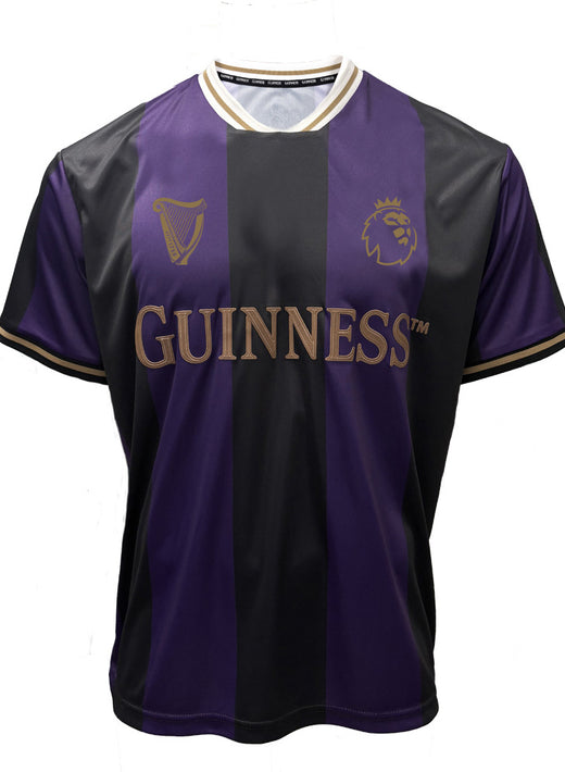 Front view of a purple and black striped Guinness Premier League football top on a mannequin.