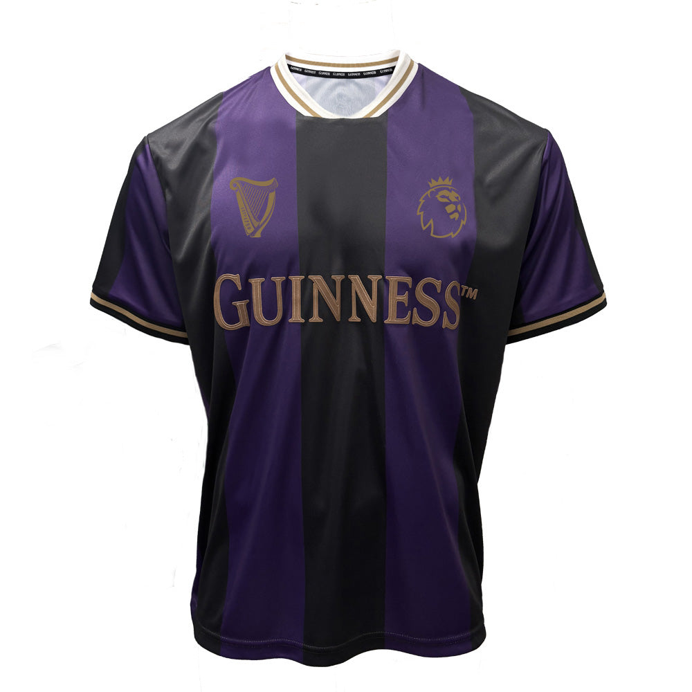 Front view of a purple and black striped Guinness Premier League football top on a mannequin.