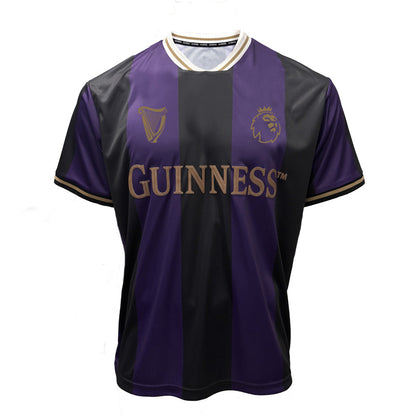Front view of a purple and black striped Guinness Premier League football top on a mannequin.