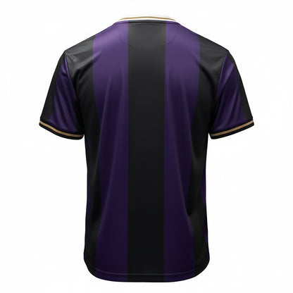 Back view of a black and purple Guinness Premier League football top with gold trim