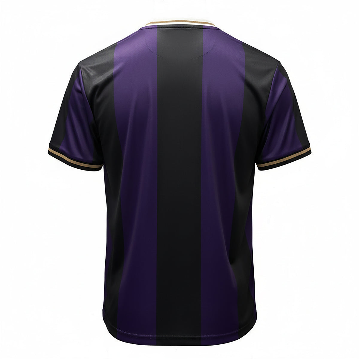 Back view of a black and purple Guinness Premier League football top with gold trim