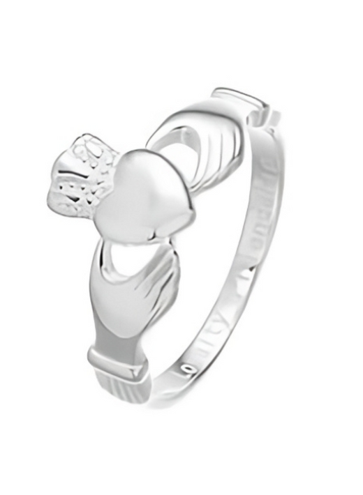 Silver ring featuring two hands holding a heart with a crown
