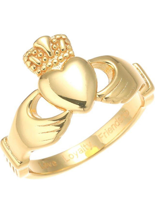 Gold ring featuring a heart held by two hands topped with a crown