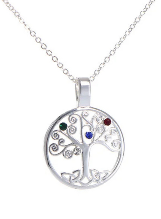 Silver tree pendant necklace with colorful gemstone accents