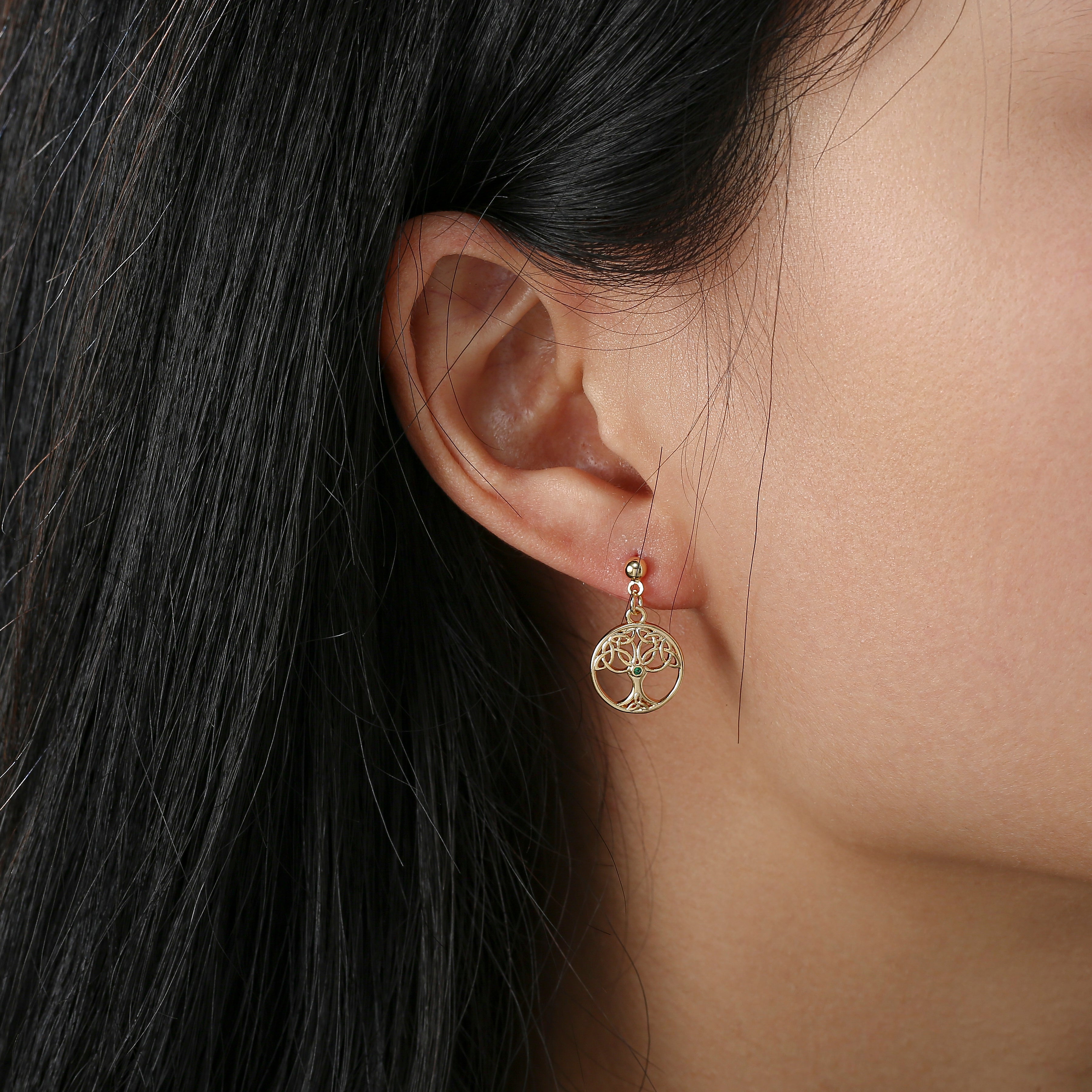 Gold Plated Trinity Tree Of Life Drop Earrings 