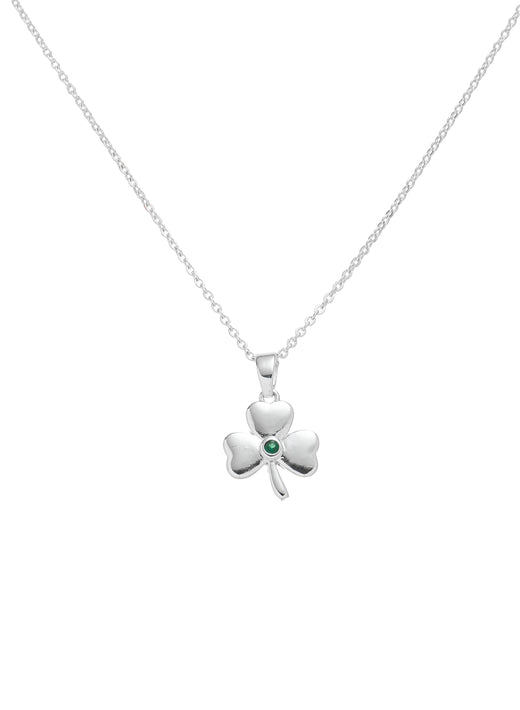Silver necklace with a three-leaf clover pendant and green center stone