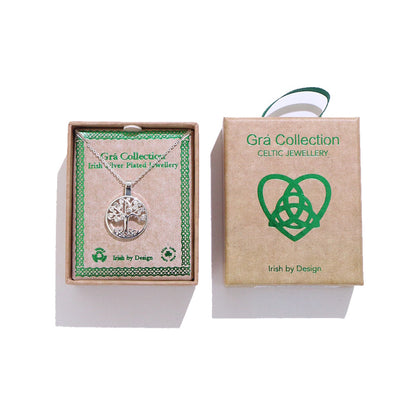 Grá Collection Celtic Jewellery tree of life necklace in a brown presentation box with green logo