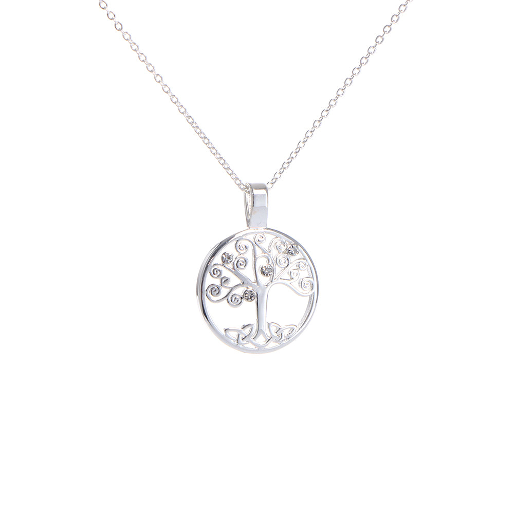 Grá Tree of Life pendant in silver with crystal accents on a delicate chain against a white background