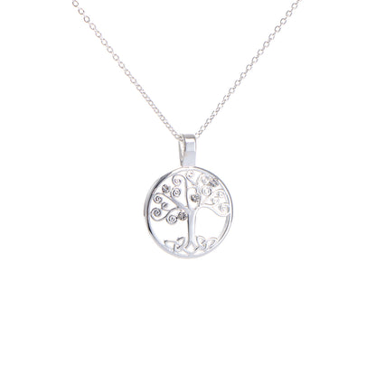 Grá Tree of Life pendant in silver with crystal accents on a delicate chain against a white background