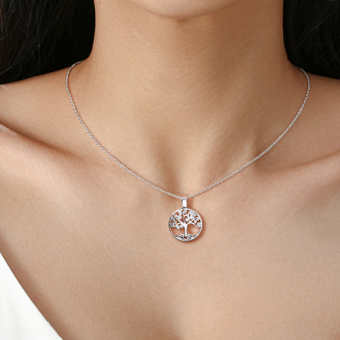 Grá Tree Of Life pendant necklace on a silver chain worn at the neck