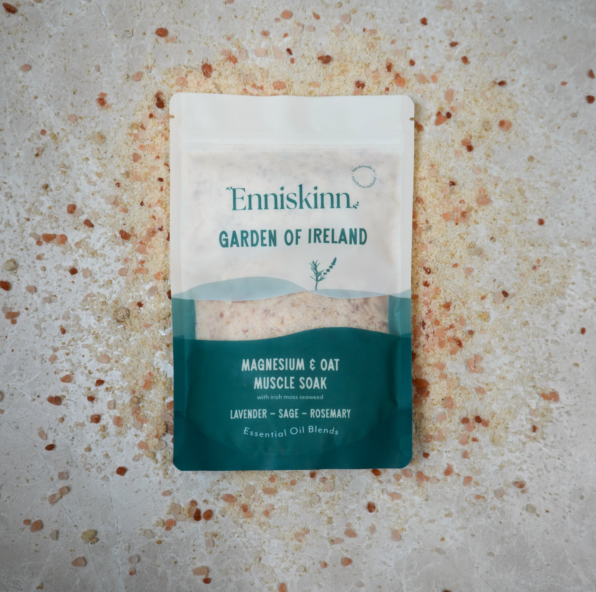 Enniskinn Garden of Ireland Magnesium and Oat Muscle Soak bag with lavender sage rosemary blends on light surface