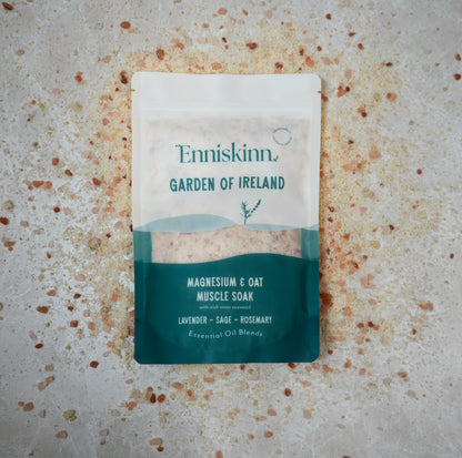 Enniskinn Garden of Ireland Magnesium and Oat Muscle Soak bag with lavender sage rosemary blends on light surface