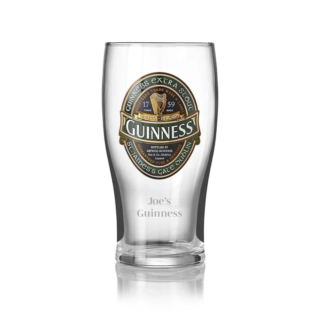 Clear Guinness pint glass with logo and personalized engraving