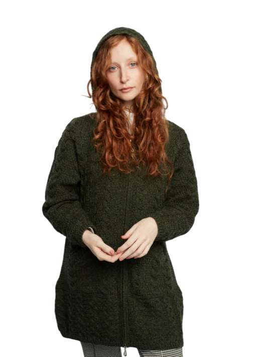 Ladies Merino Wool Hooded Army Green Coat