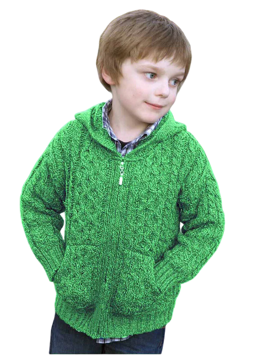 Young boy wearing a green knitted zip-up hoodie with hands in pockets