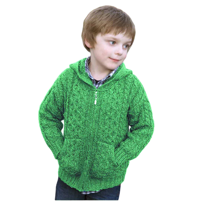 Childrens Aran Hooded Zip Green Cardigan
