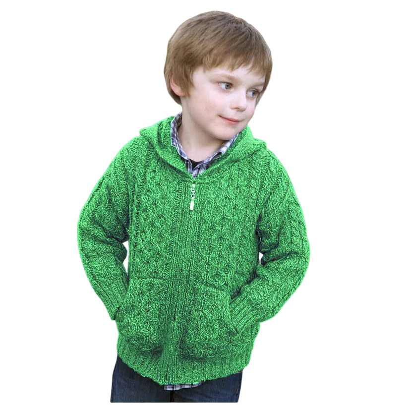 Childrens Aran Hooded Zip Green Cardigan