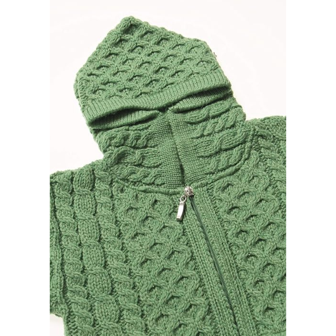 Childrens Aran Hooded Zip Green Cardigan 