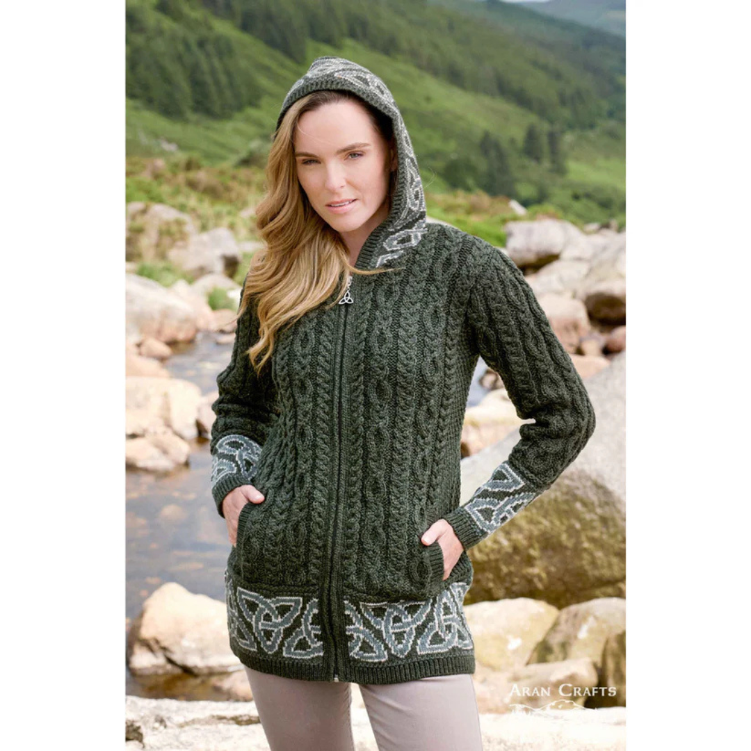 Ladies Celtic Jacquard Zip Hooded Green Coat