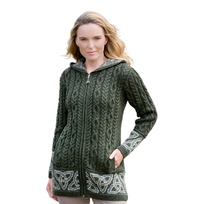 Ladies Celtic Jacquard Zip Hooded Green Coat