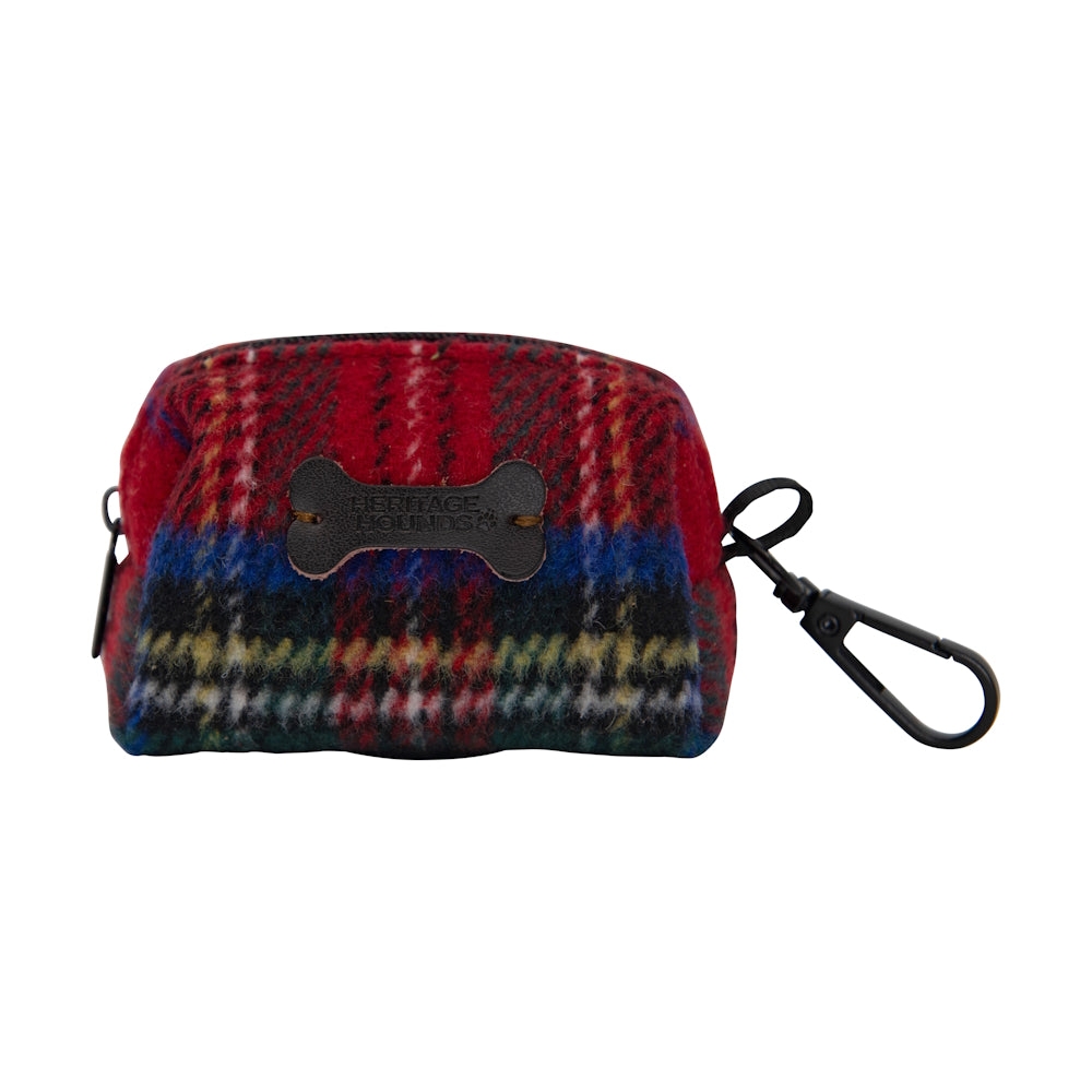 Small red plaid pouch with black clip and bone-shaped label