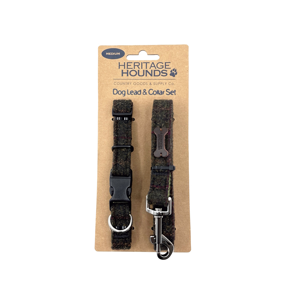 Medium dog lead and collar set with dark fabric and metal hardware